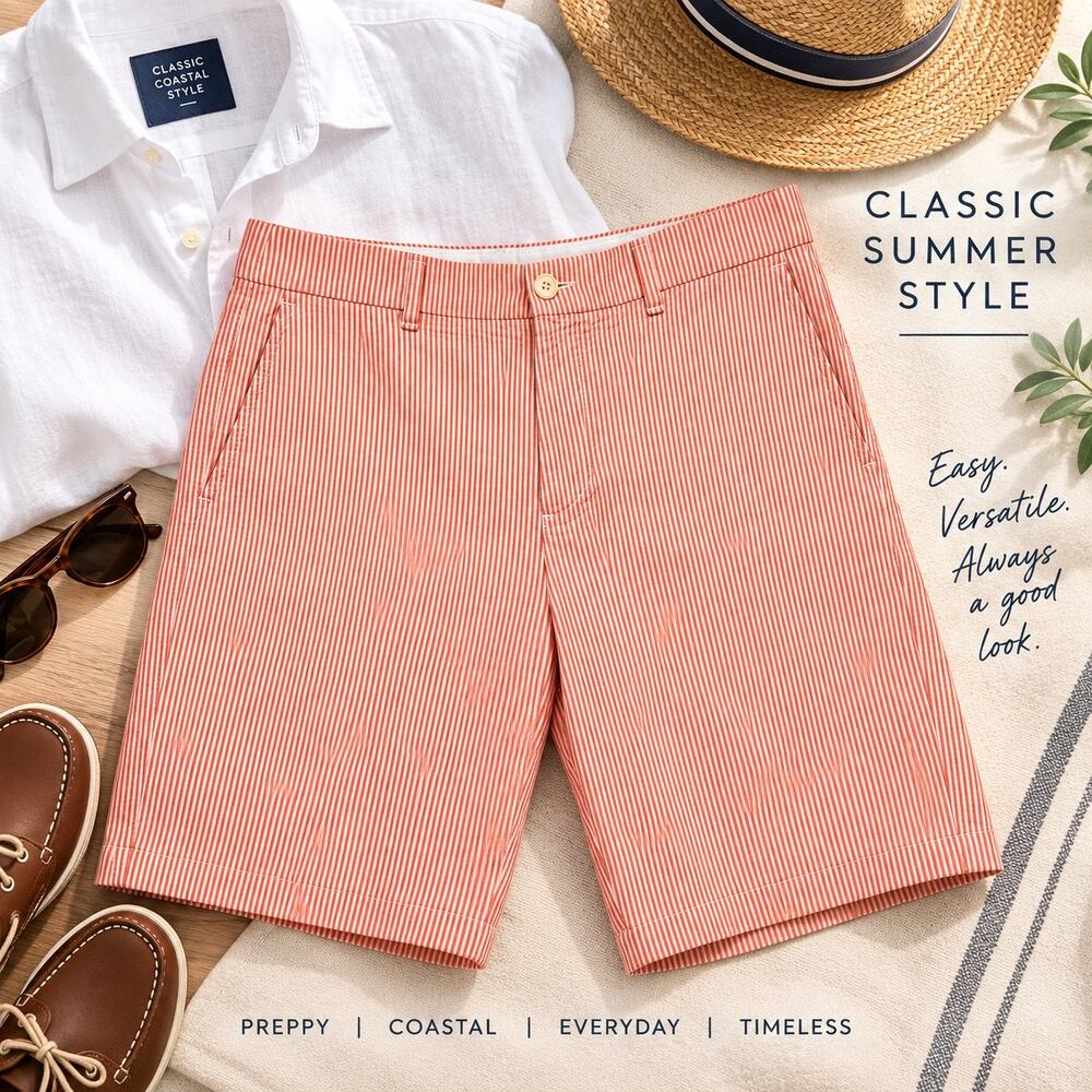 Bonobos Seersucker Cotton Golf Shorts Coral White Striped 9” Inseam SZ 33